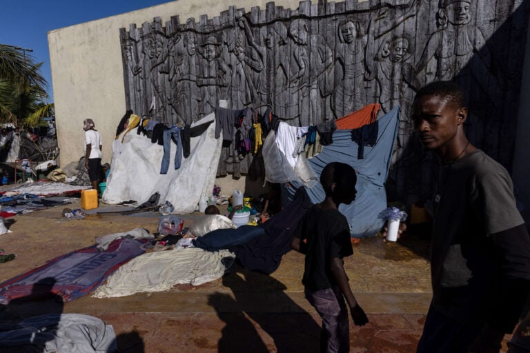 People displaced by violence in their neighborhoods living in Hugo Chavez public square, area of Port-au-Prince, the capital of Haiti, on Friday, Nov. 5, 2022. (Adriana Zehbrauskas/The New York Times)